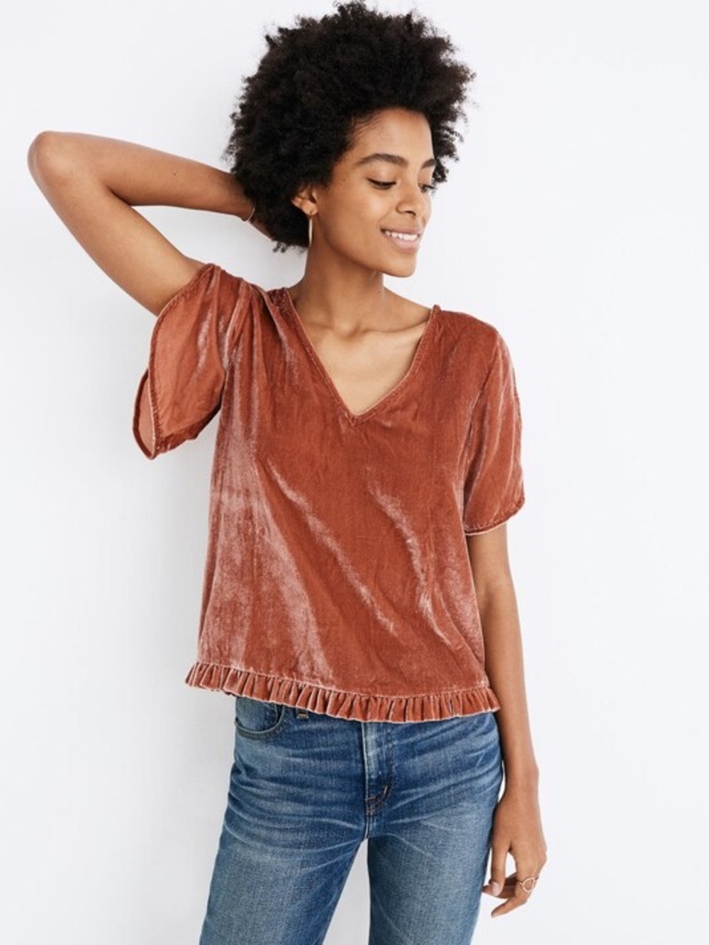 Madewell Velvet Tulip-Sleeve Ruffle Top | XL | Afterglow Red